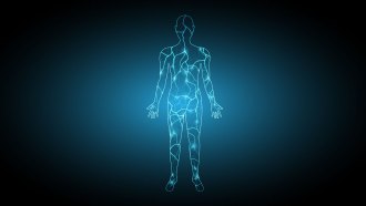 An illustration of a body created with light blue lines to simulate electricity.