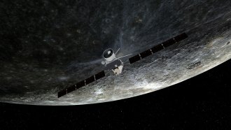 An illustration of the BepiColombo probe with Mercury in the background.
