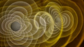 An illustration of the convergence of two black holes and yellow gravitational waves rippling through space.
