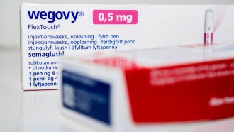 A retail package of the semaglutide weight-loss drug Wegovy sits on a table