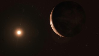 An illustration of an exoplanet in orbit around a star.