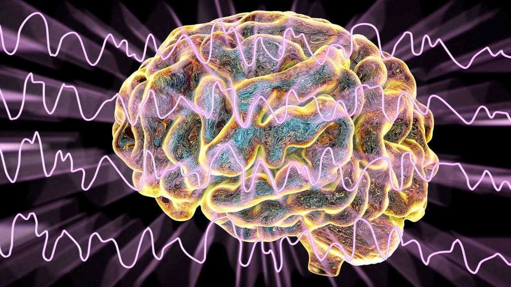 An illustration of a brain superimposed by brain waves from an EEG