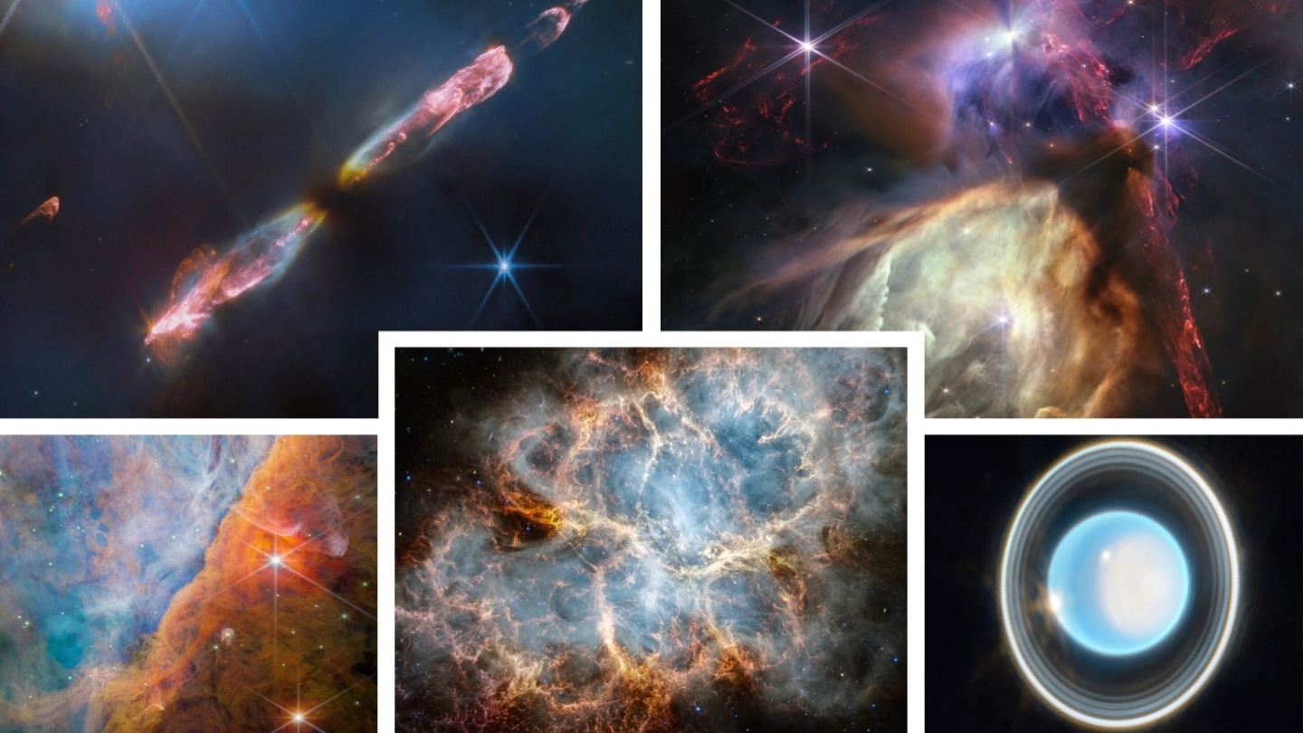 A collage of five pictures from the James Webb telescope showing the HH 211 protostellar outflows, the Rho Ophiuchi star forming cloud, the planet Uranus, the Crab Nebula and a part of the Orion Nebula.