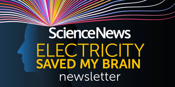 An illustration of a silhouetted head with many colorful wires flowing into a point in the center. Text reads ScienceNews ELECTRICITY SAVED MY BRAIN newsletter